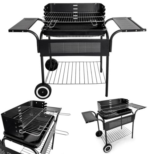 Görgős faszenes kerti grill állítható rácsmagassággal